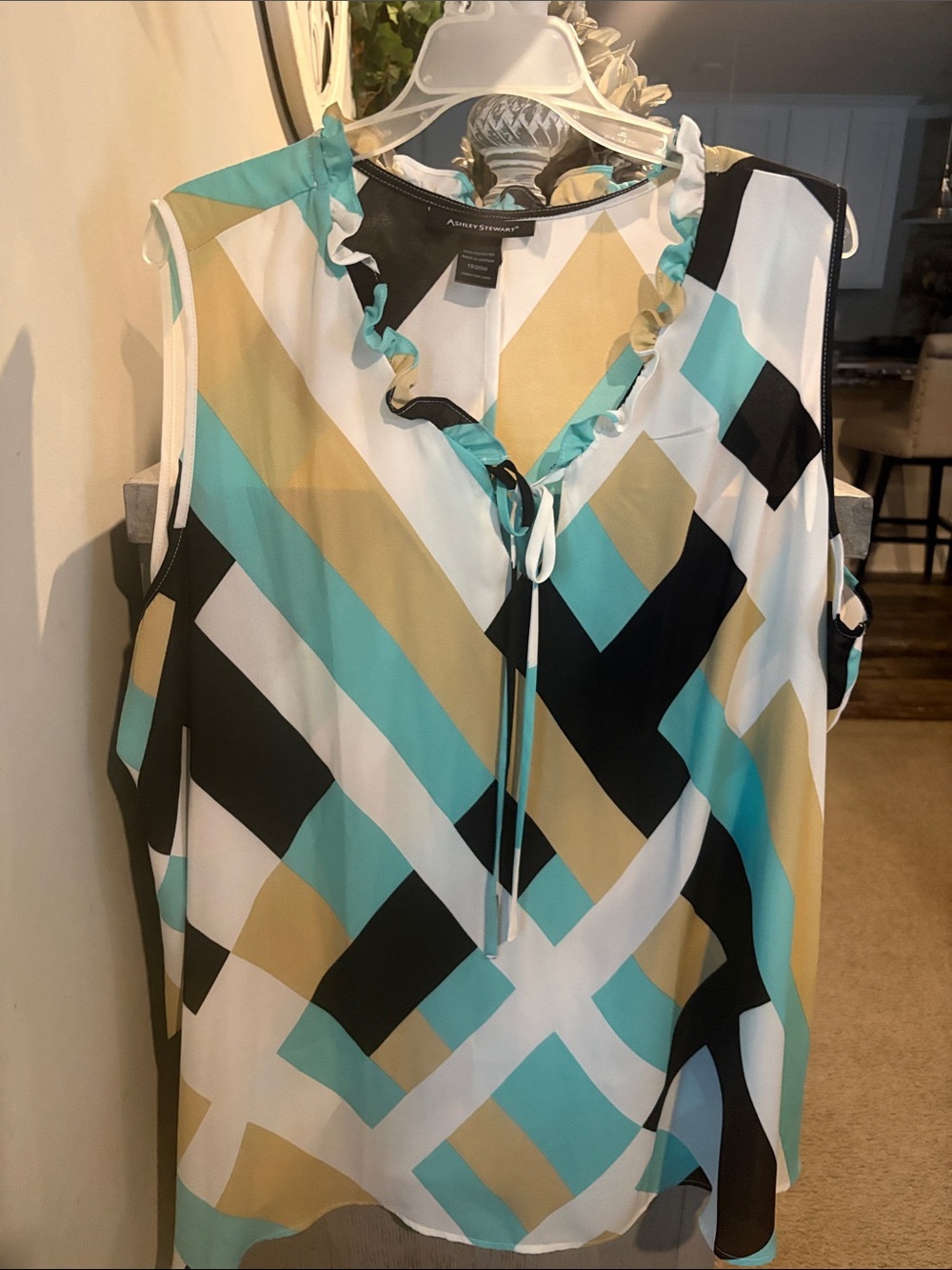 Ashley Stewart Sleeveless Geometric Print Ruffled Tie-Neck Top - Aqua/Black/Gold